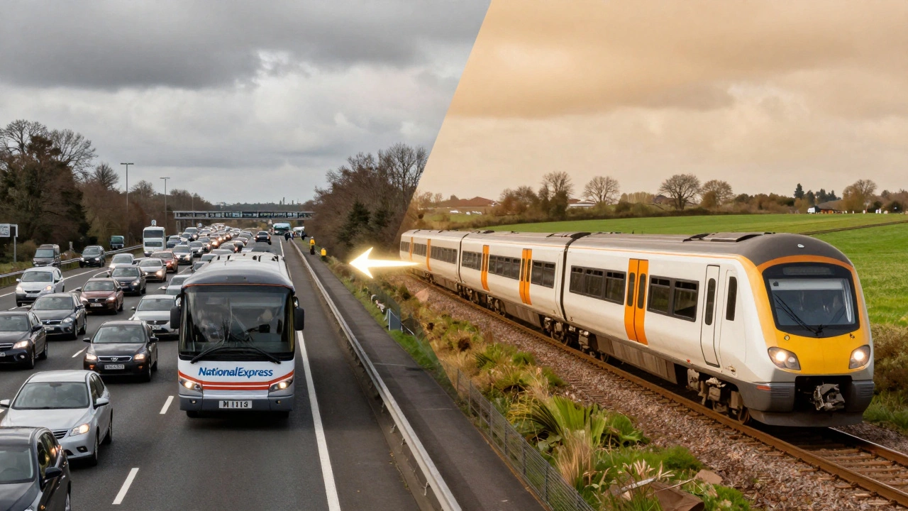 Split image comparing crowded coach traffic with smooth train ride to airport