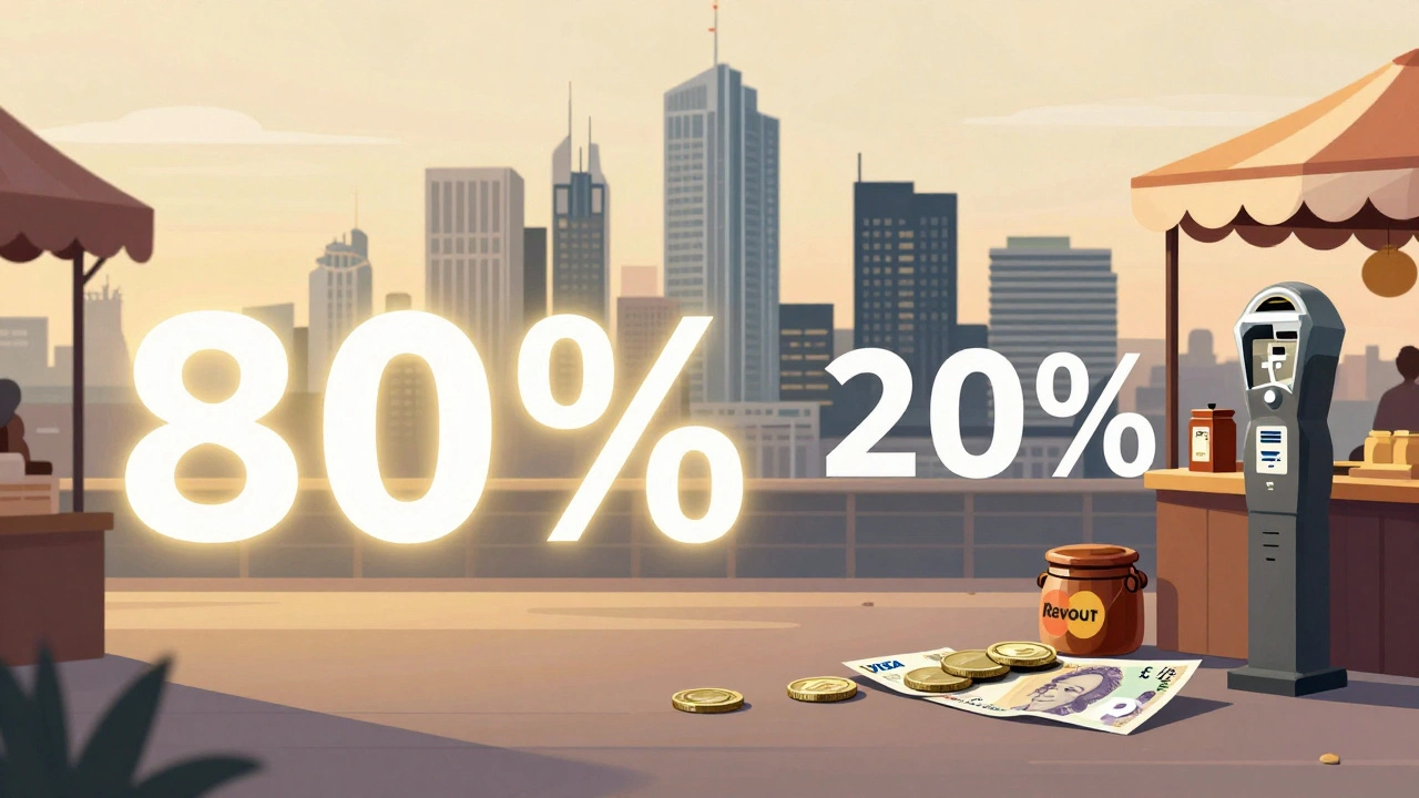 Split image showing card payments dominating with cash used sparingly for small purchases