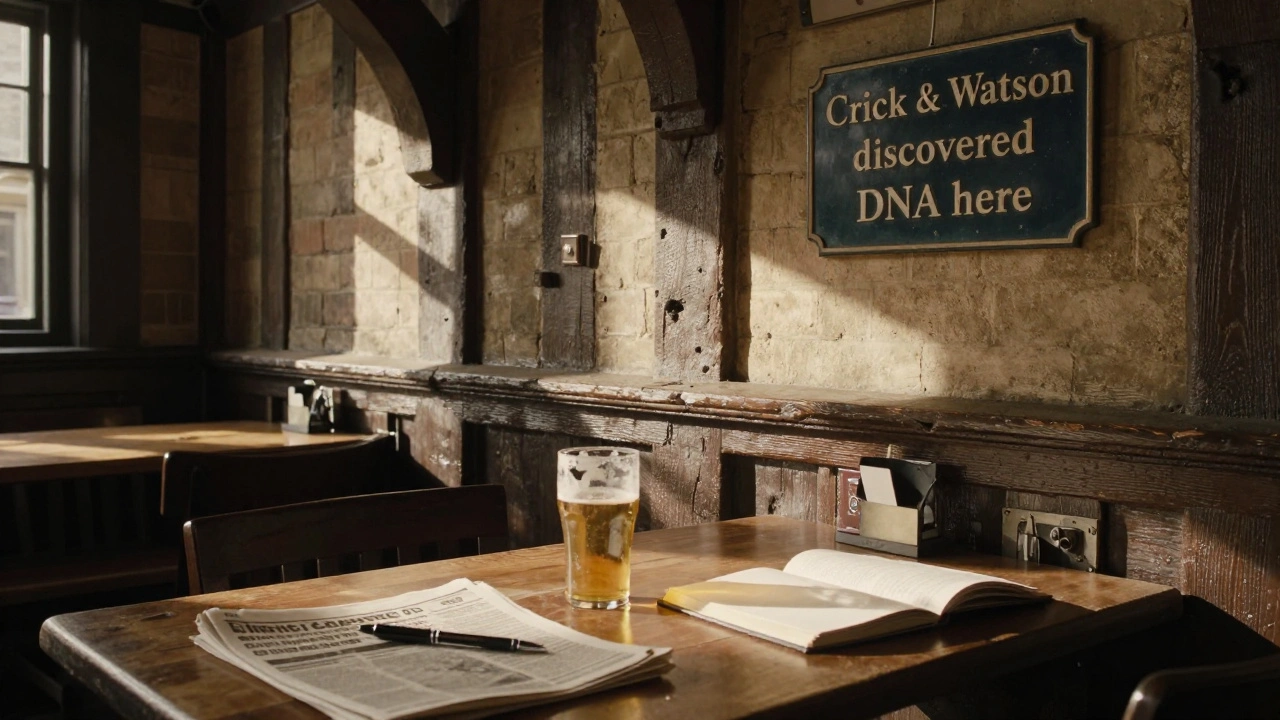 The Eagle pub in Cambridge with a DNA discovery plaque and empty table set for thought.