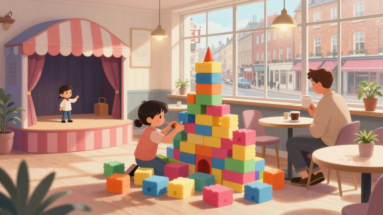 A child builds a foam block castle on the sixth floor of Hamleys while a parent relaxes at the café nearby.