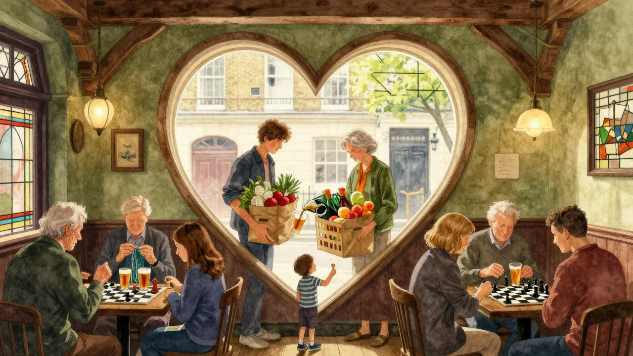 A conceptual image of a pub as a living room, showing multiple generations connecting through shared activities.