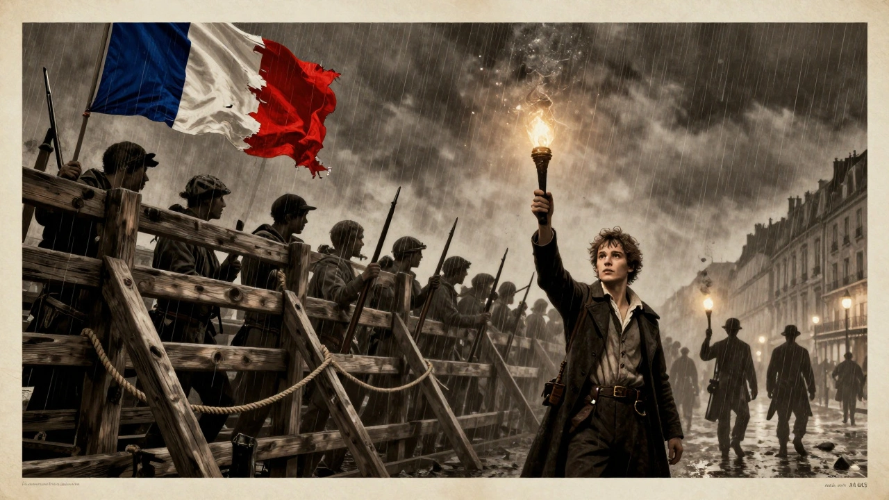 A dramatic barricade scene with revolutionaries holding torches under stormy skies, in vintage theatrical poster style.
