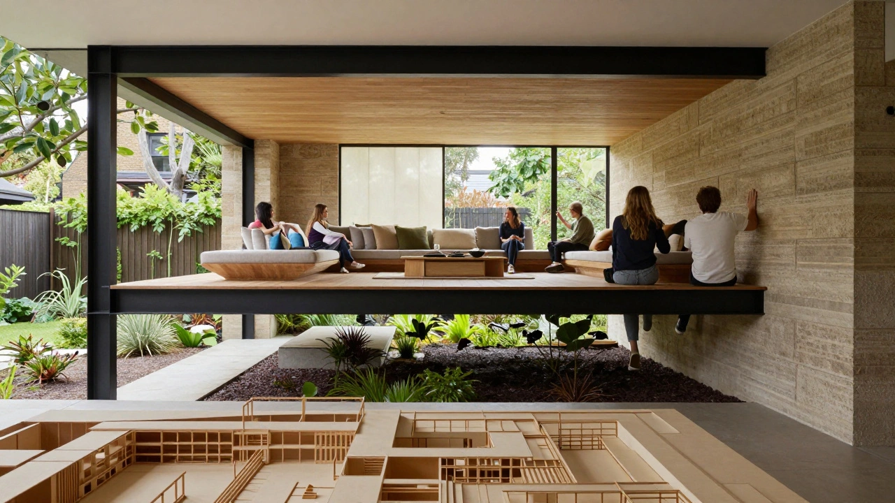 A floating living room above a garden, supported by black steel beams, with visitors touching raw walls.