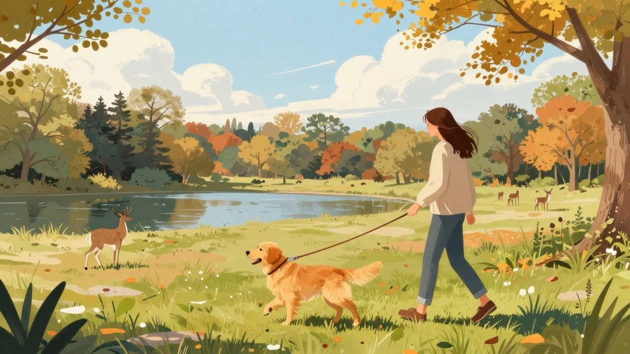 A golden retriever walking happily through Hyde Park with deer in the distance and autumn trees around.