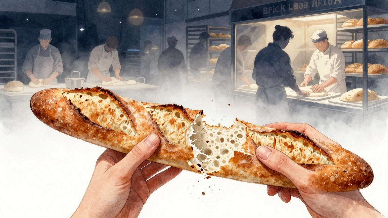 A hand tearing open a crusty baguette, with abstract bakers in the background at dawn.