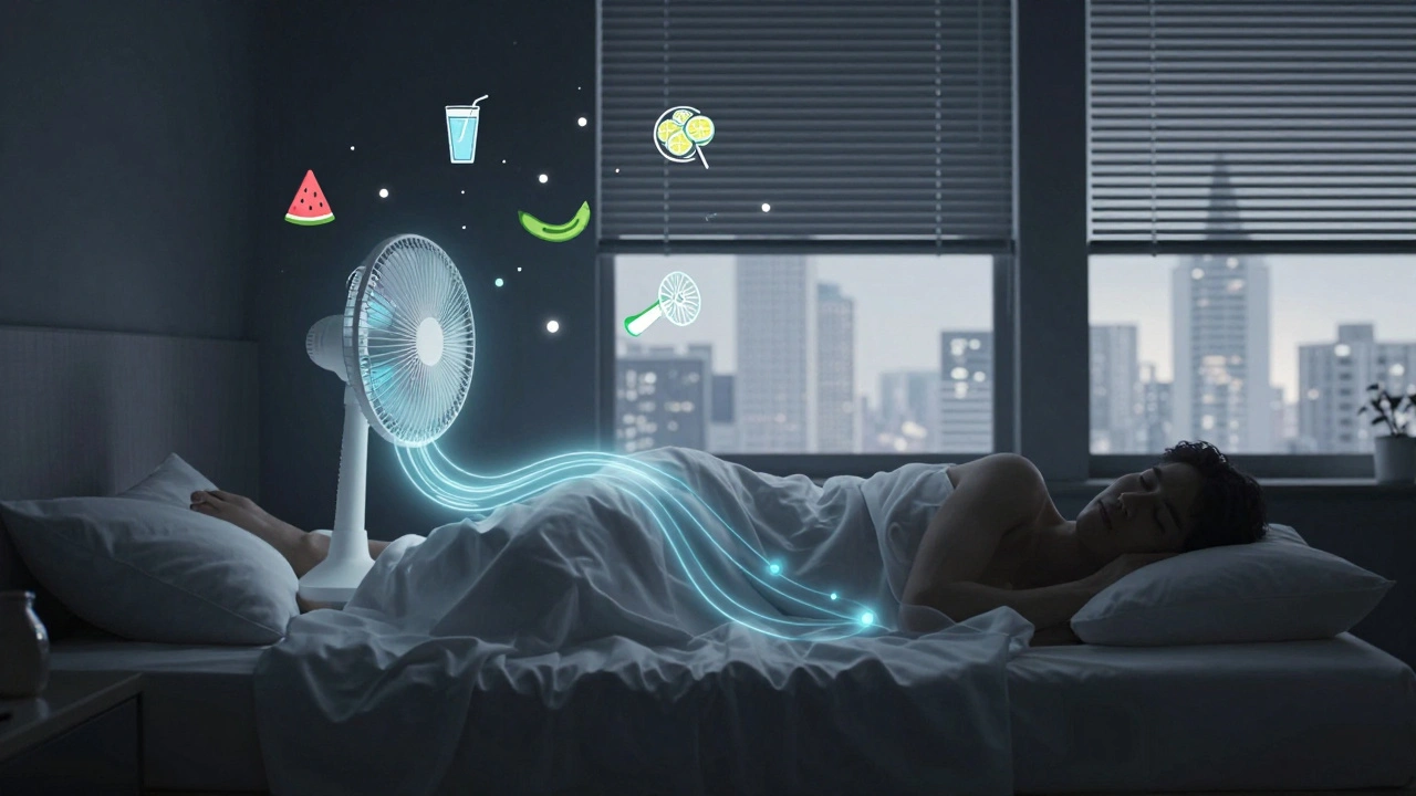 A sleeping figure surrounded by symbols of hydration and cooling, representing heatwave sleep strategies.