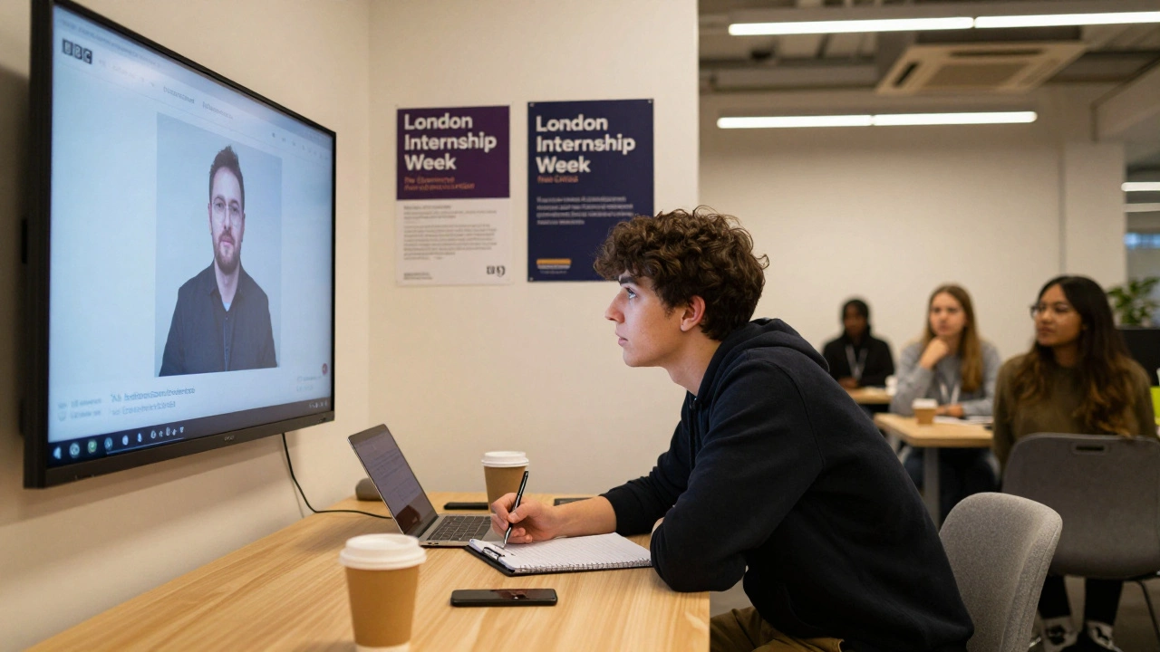 A student attending an Internwise webinar in a London co-working space, watching a BBC hiring manager on screen.