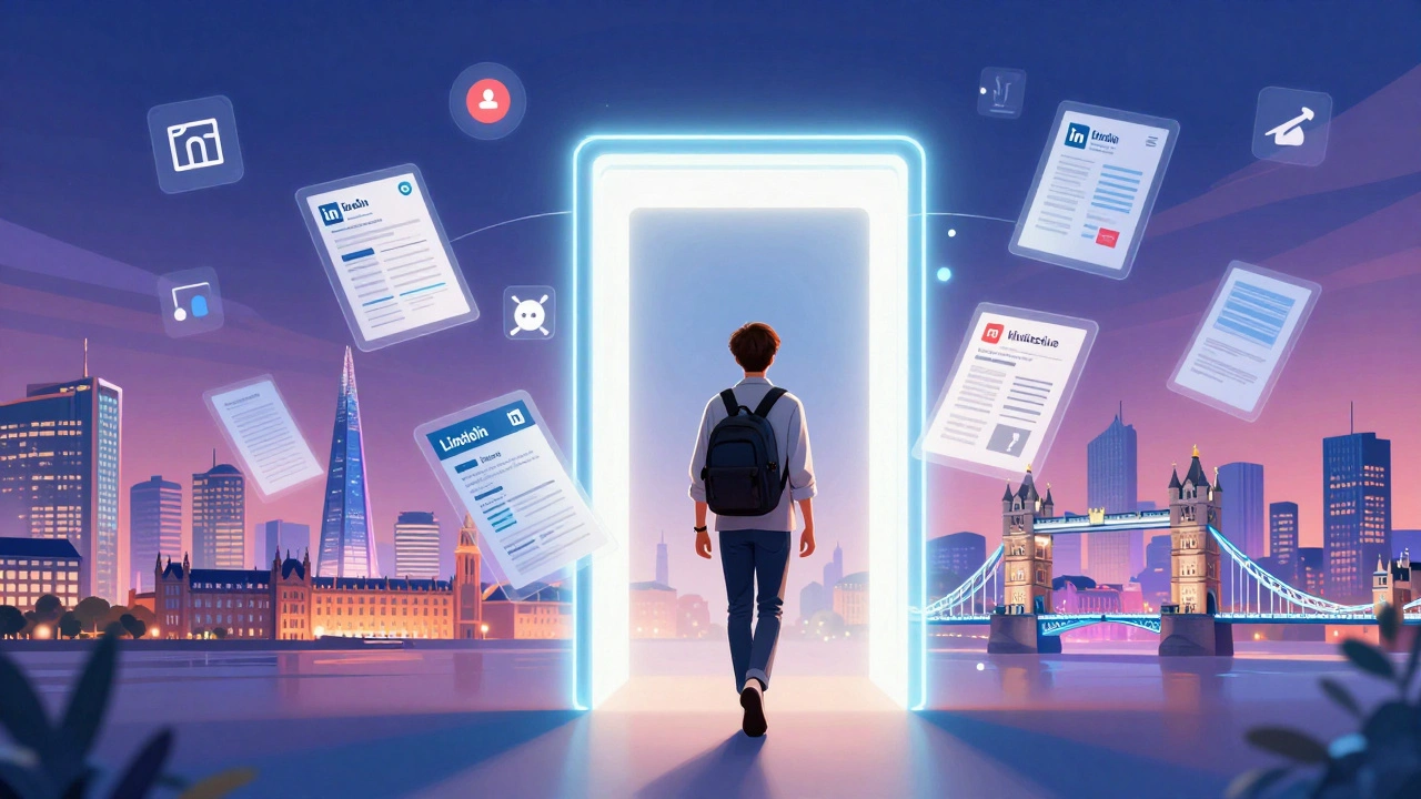 A student stepping through a portal of internship opportunities into a glowing London cityscape.