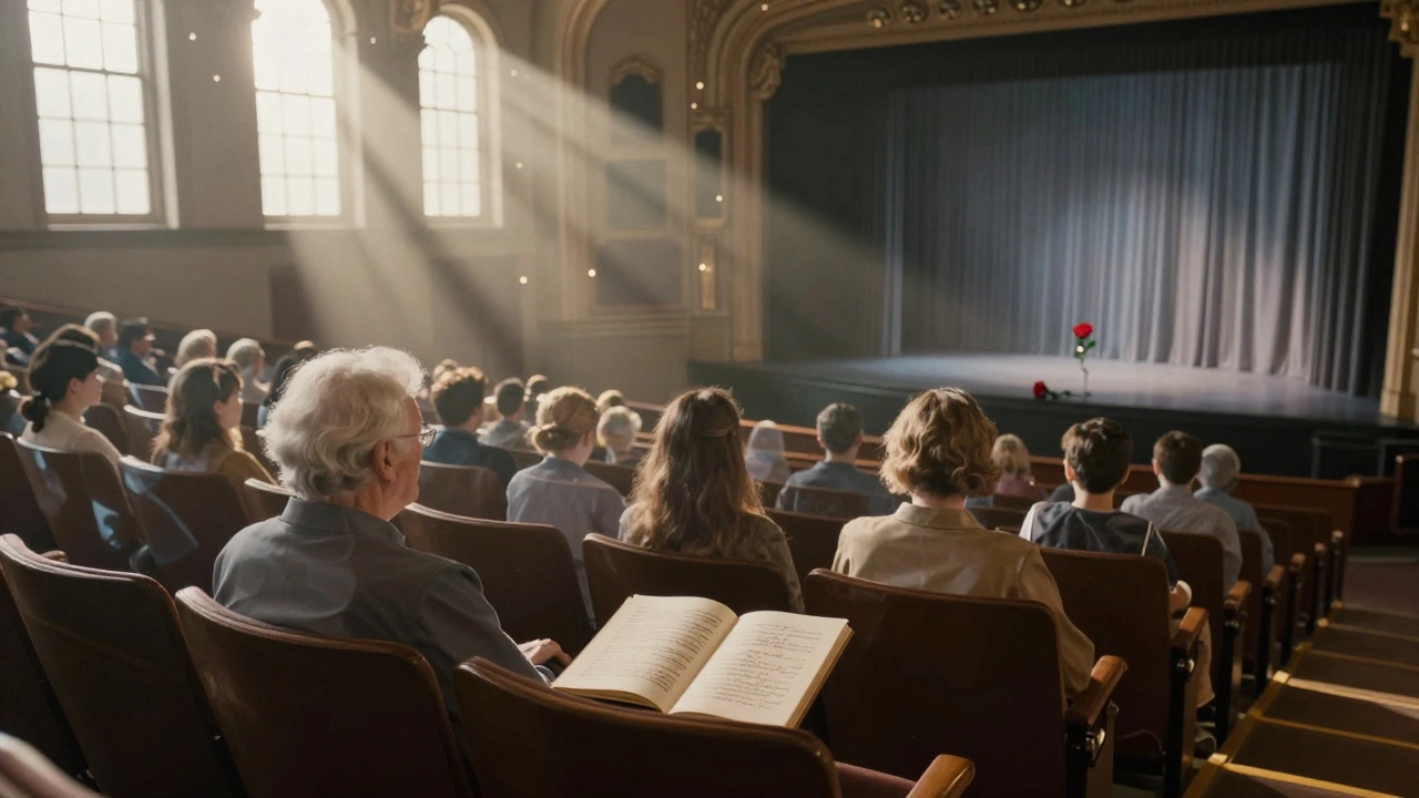 An empty Sondheim Theatre at dawn, ghostly echoes of past audiences linger in sunlit seats with a red rose on stage.