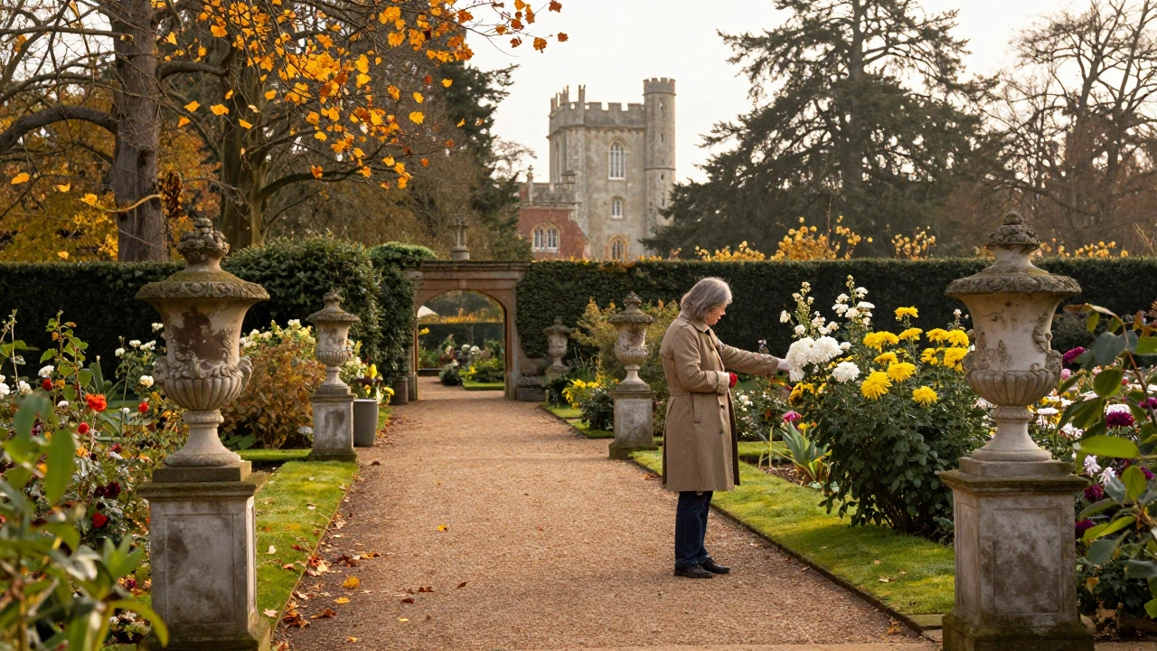 Autumn garden at Highclere Castle with falling leaves and a visitor in a trench coat.