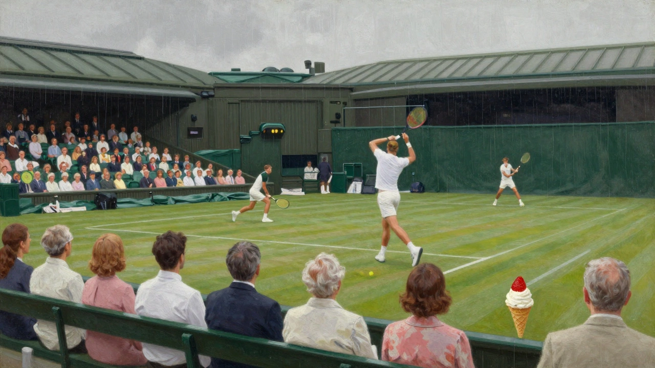 Centre Court during a rainy match, players mid-action under the closed roof.