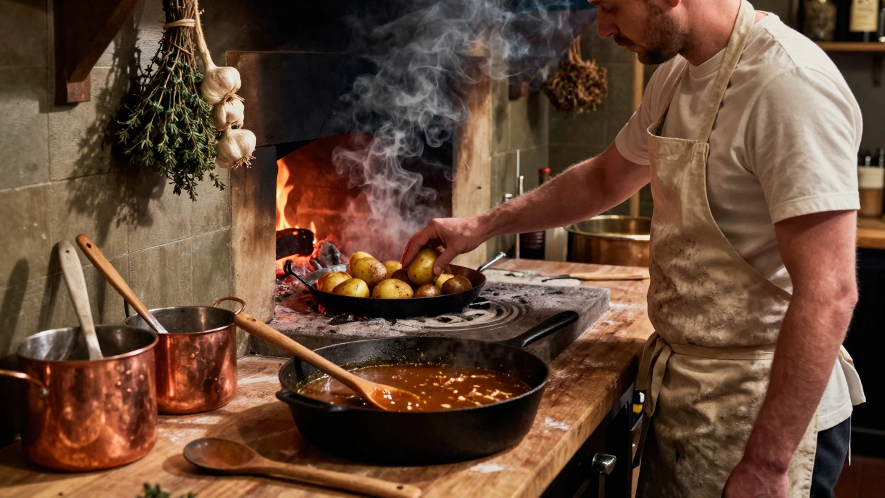 Chef placing potatoes into a wood-fired oven with fat and smoke rising in a traditional British pub kitchen.
