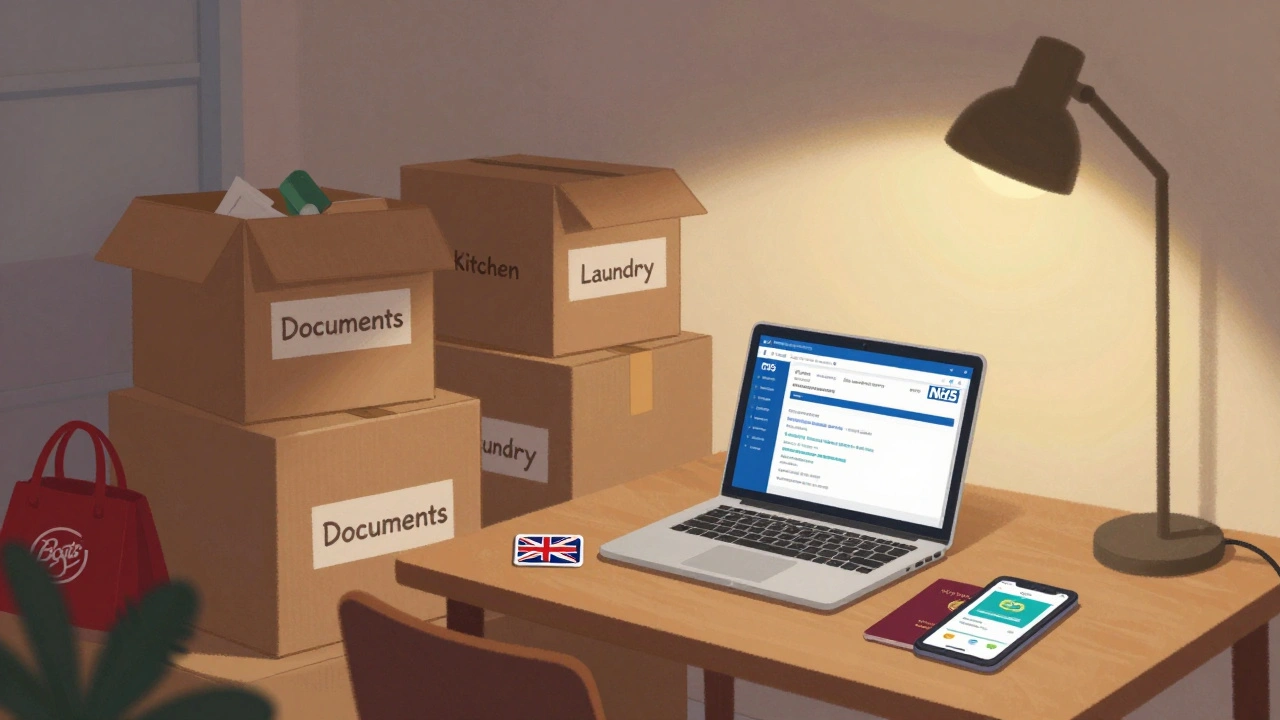 Cluttered apartment with documents, SIM card, and NHS page on laptop during early move-in.