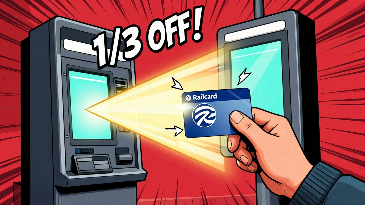 Comic-style scene of Railcard activating discount at London ticket machine