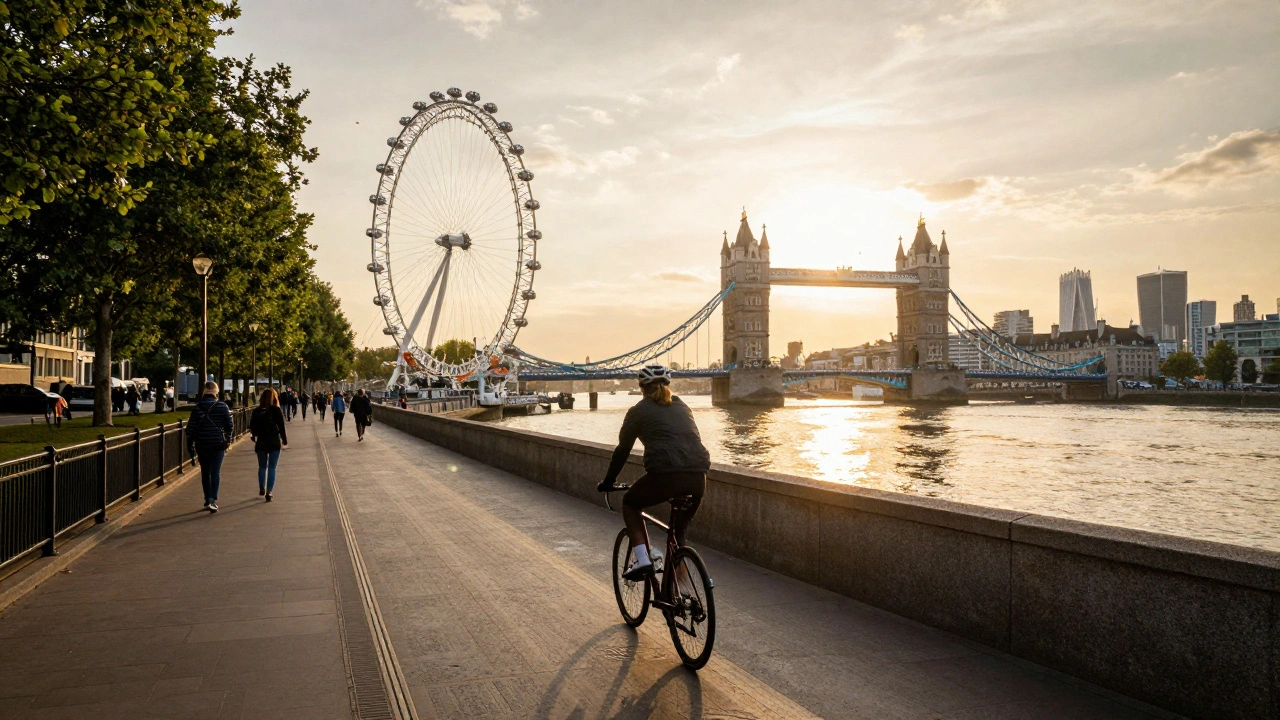 Cyclist on the Thames Path at golden hour with London Eye and Tower Bridge reflected in the river.