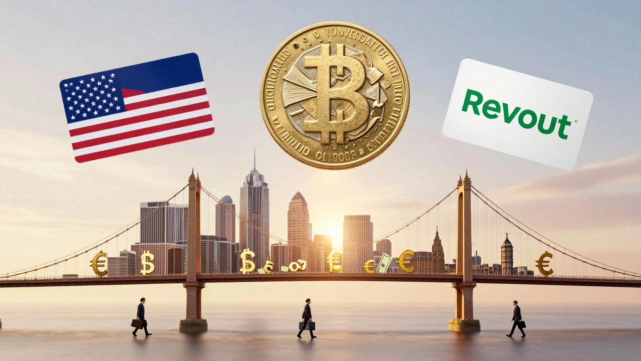 Digital bridge connecting US and UK skylines made of currency symbols, symbolizing seamless money transfer.