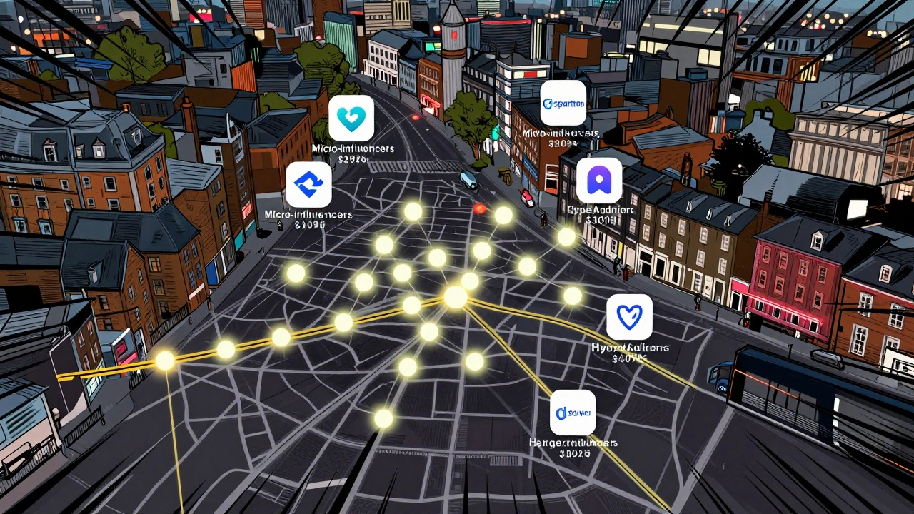 Digital map of London with glowing dots marking micro-influencers in key neighborhoods.