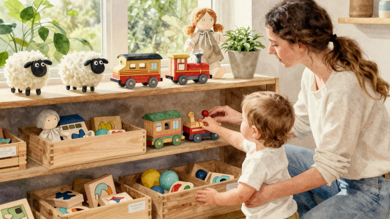 Eco-friendly wooden toys at Little Green Sheep store in Camden, with organic cotton dolls and handmade puzzles on display.