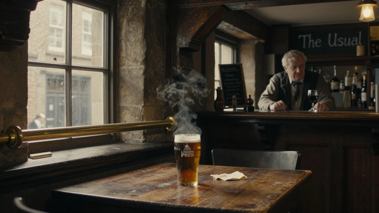 Elderly local sipping a pint at The Ten Bells pub with historic wooden interior and soft daylight.