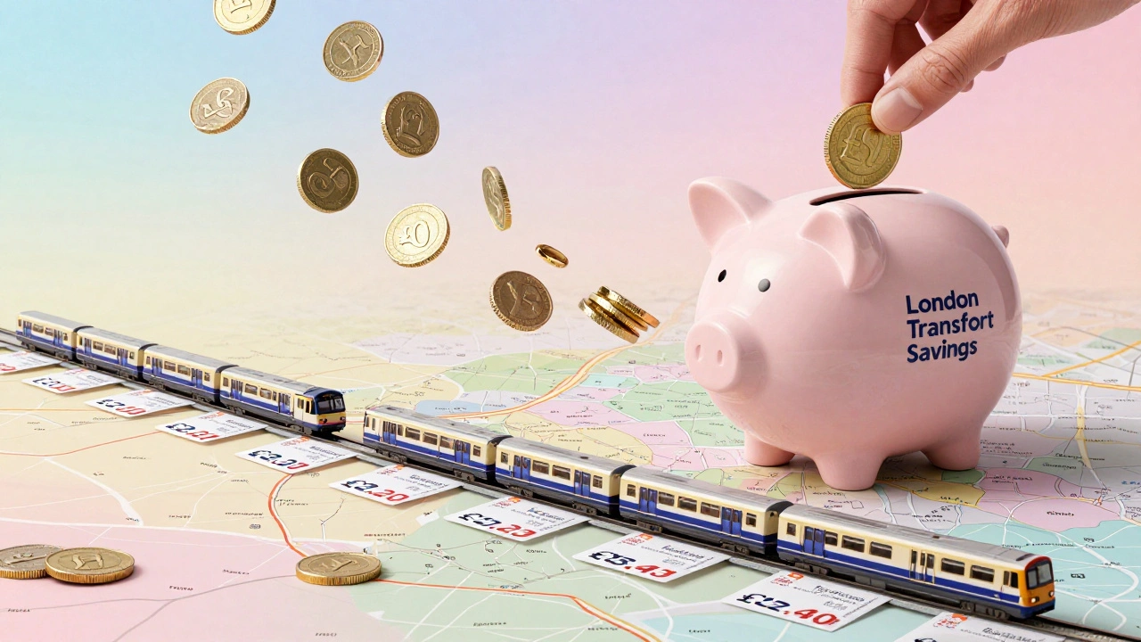 Giant Railcard turning into savings coins above London transport map