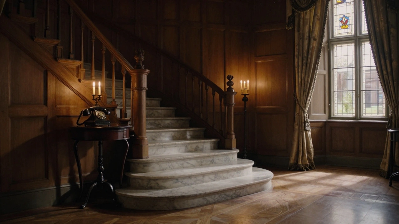 Grand staircase inside Highclere Castle with candlelight and stained glass reflections.