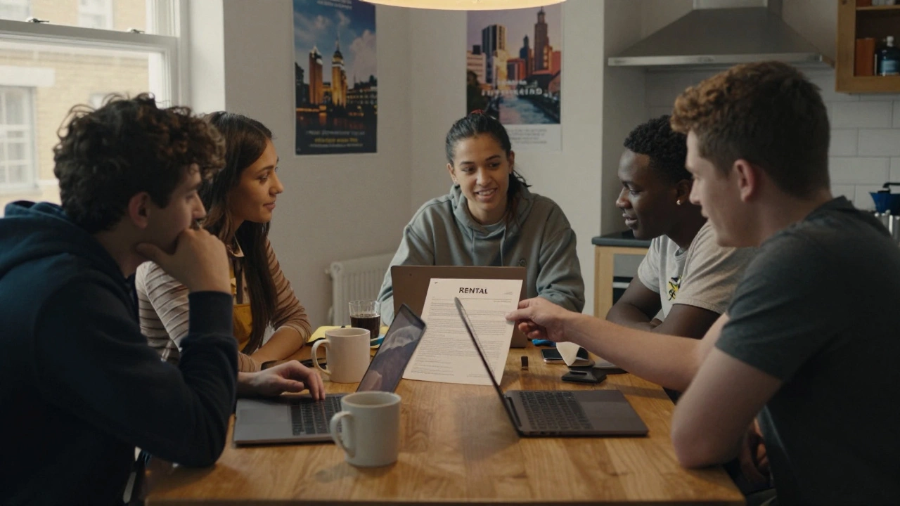 Group of young adults reviewing a rental contract together in a shared kitchen in Croydon.