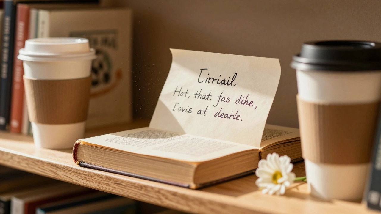 Handwritten note beside a book and coffee cup on a wooden shelf in a London bookshop.