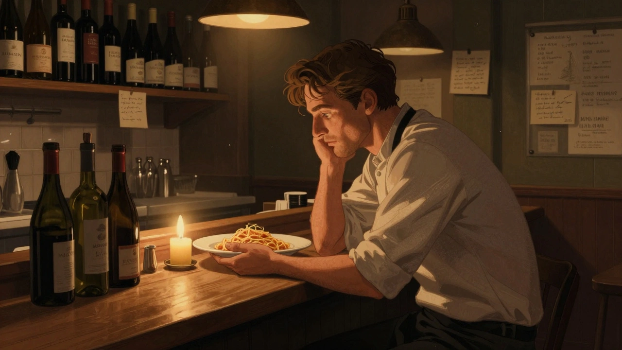 James Higgs receiving handmade pasta from a chef in a quiet, intimate Peckham restaurant.