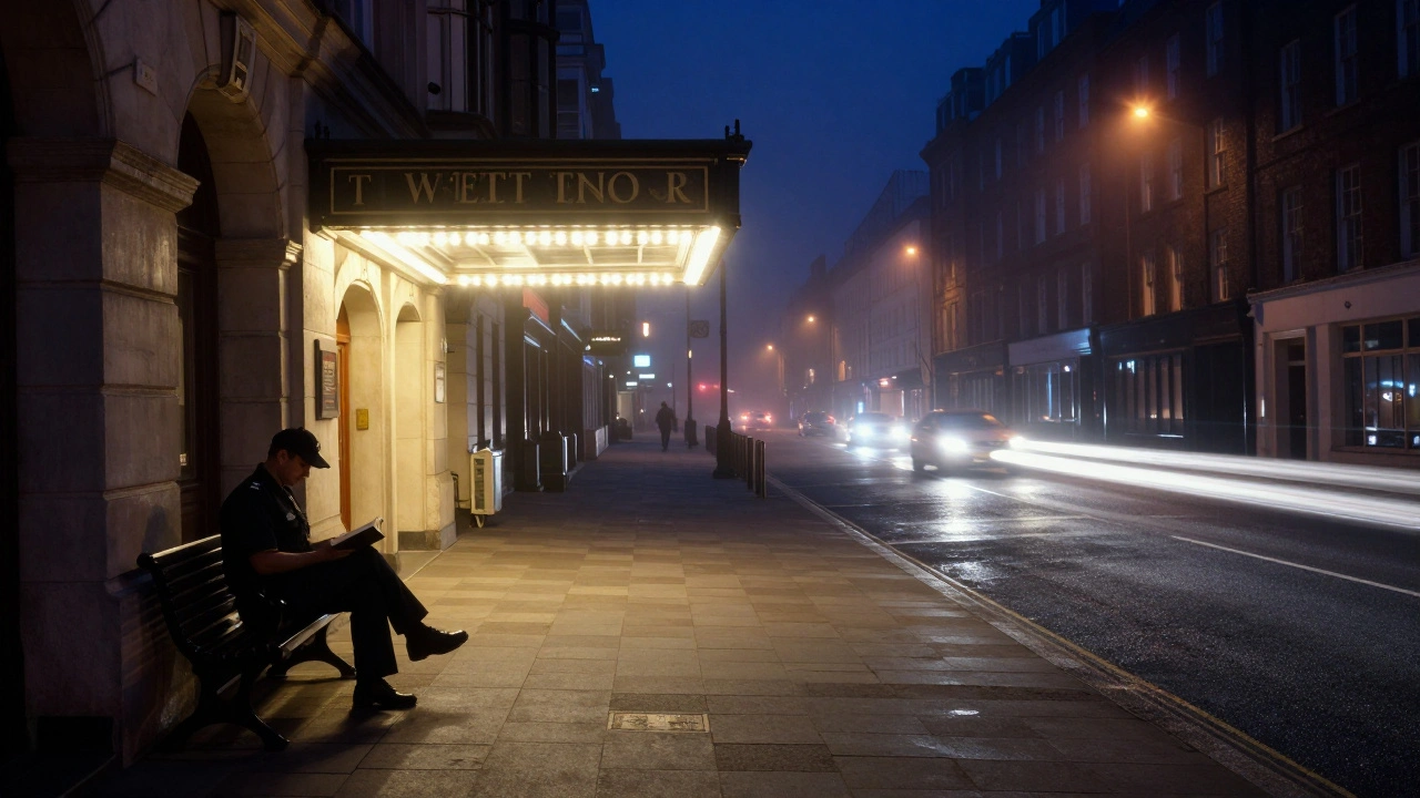 Lone security guard reads a book on a bench outside a closed theatre at 3:17 a.m., cars blurred in motion.