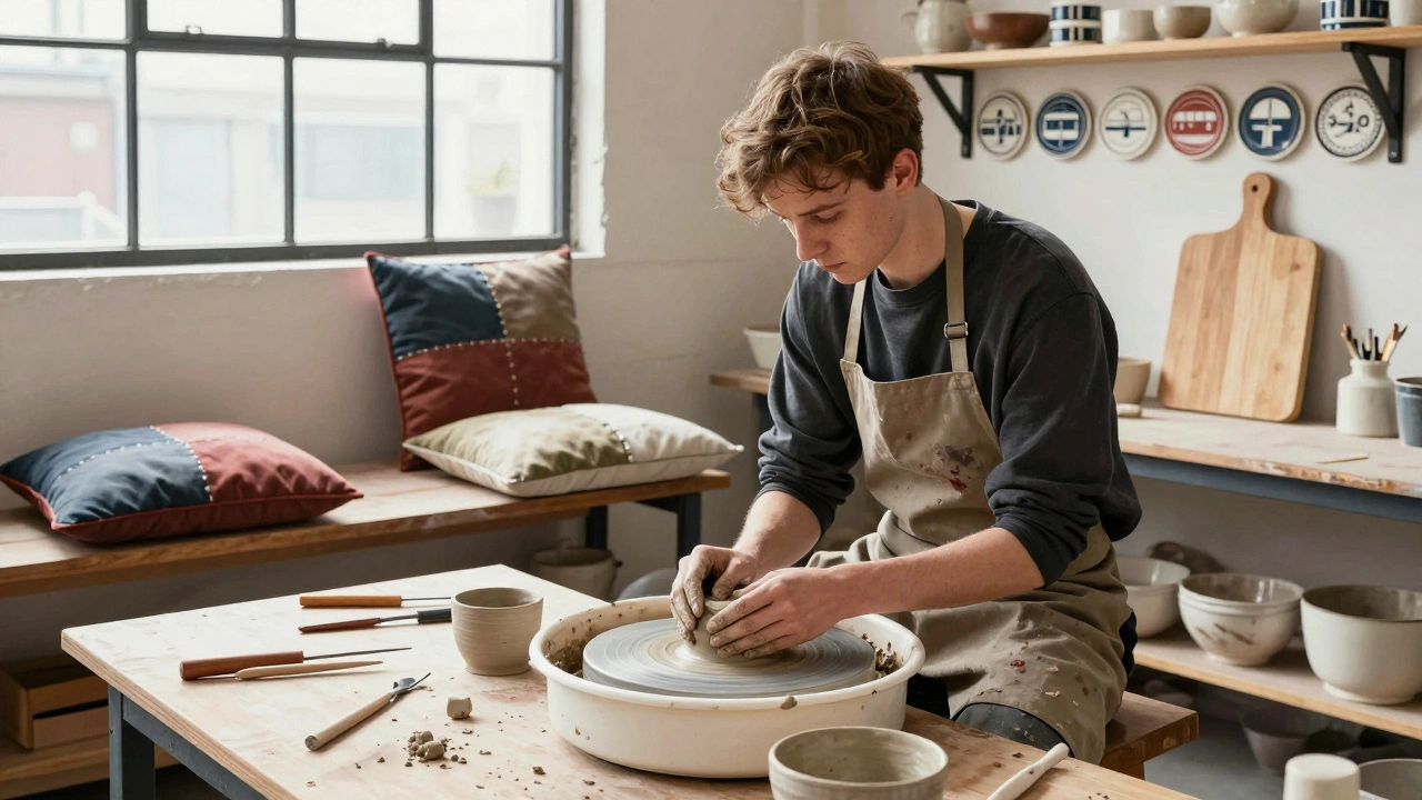Maker shaping clay at a wooden worktable in Shoreditch studio, surrounded by handcrafted homewares.
