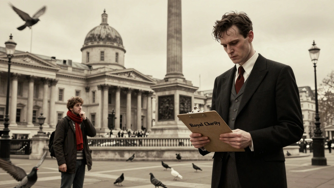 Man with clipboard near Trafalgar Square approaches tourist under fake charity guise.