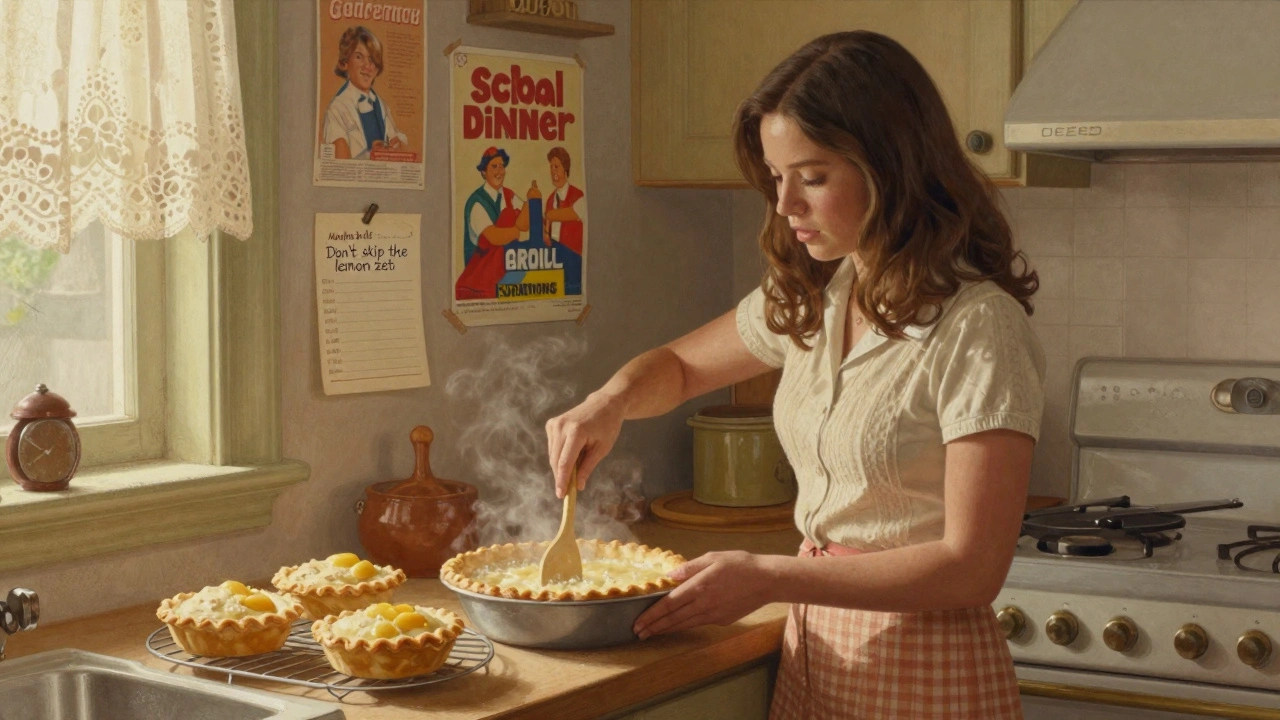 Maya Bell baking a nostalgic school pie in a cozy kitchen with vintage decor.