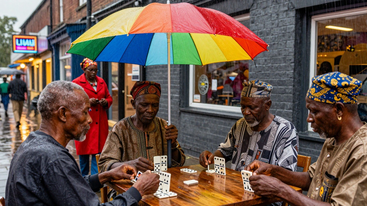 Nigerian elders play dominoes under a rainbow umbrella in Brixton during a rainy evening.