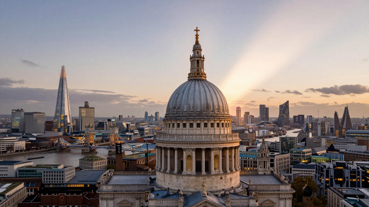 Panoramic view of London from the top lantern of St Paul’s Cathedral at sunset.