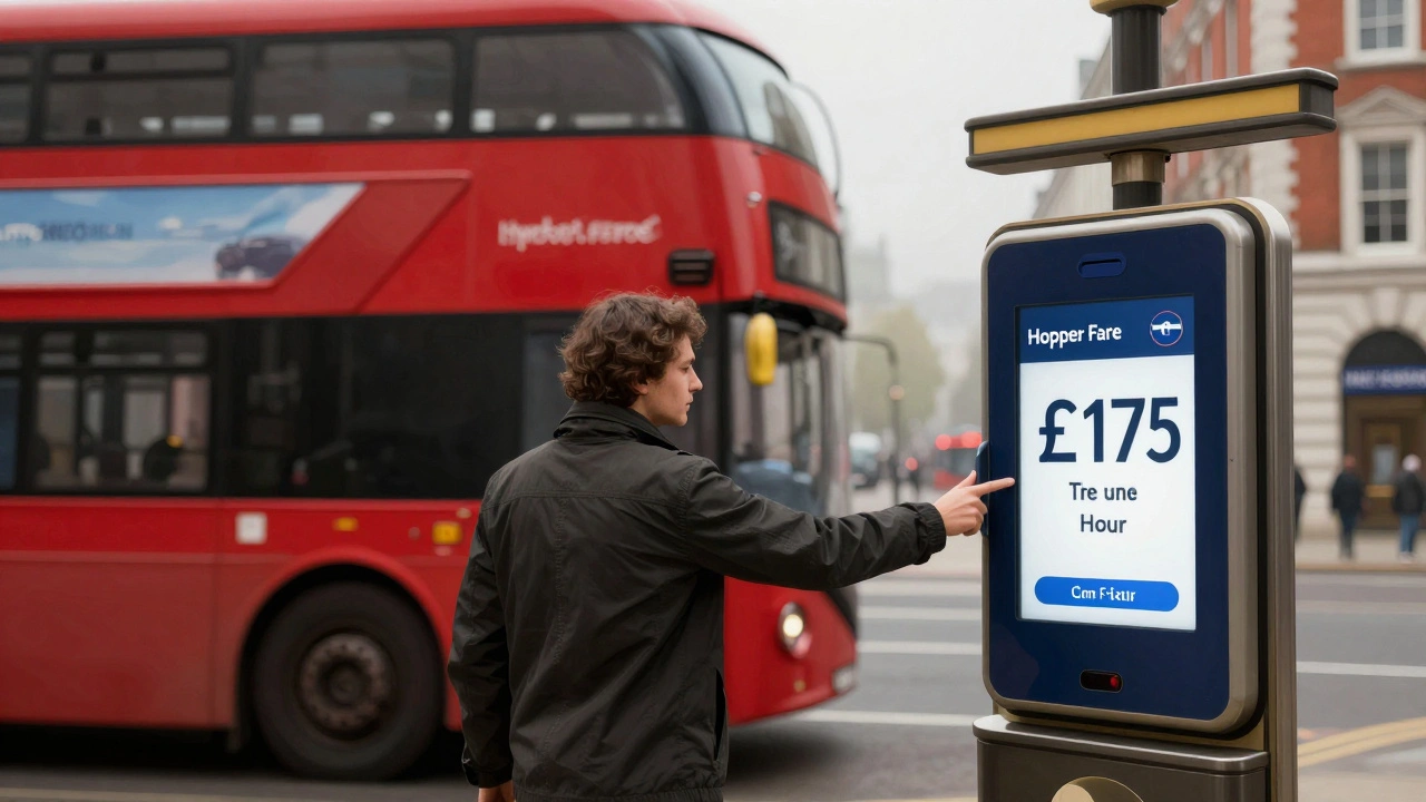 Passenger transferring from red London bus to Tube station with single fare charged.