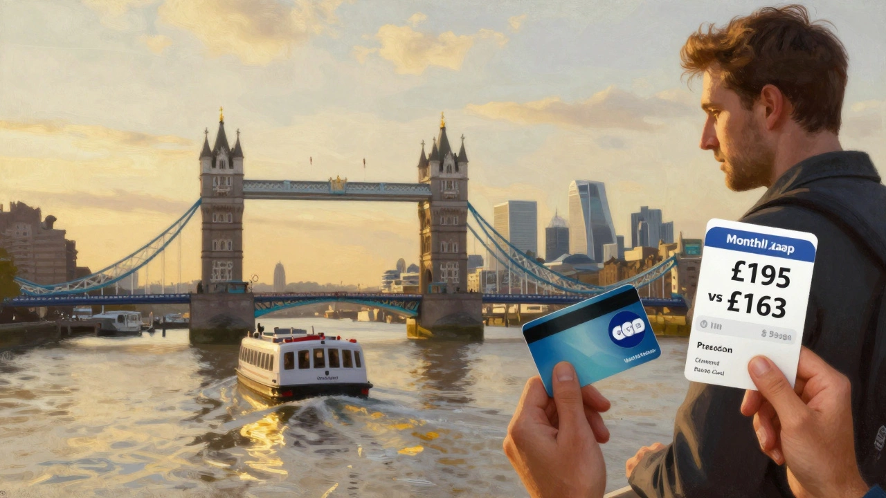 Riverboat commuting along Thames with landmarks and fare comparison in golden sunset.