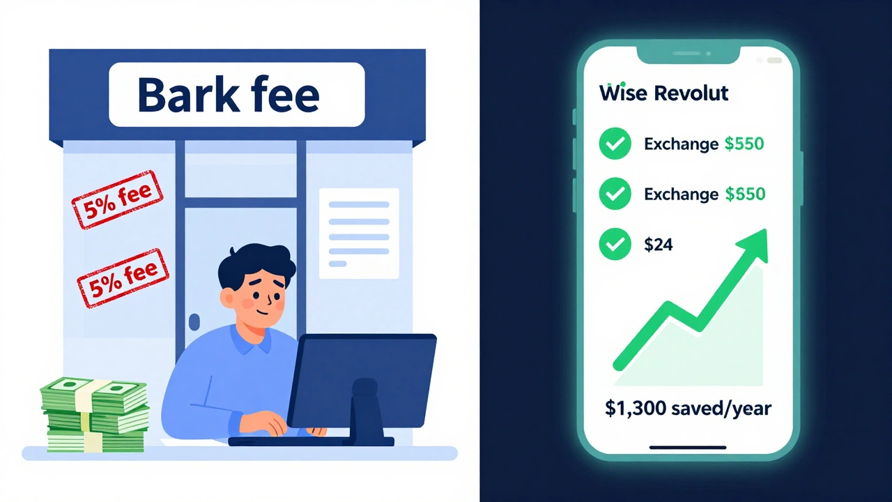 Side-by-side comparison of expensive bank transfers versus low-cost digital remittance services.