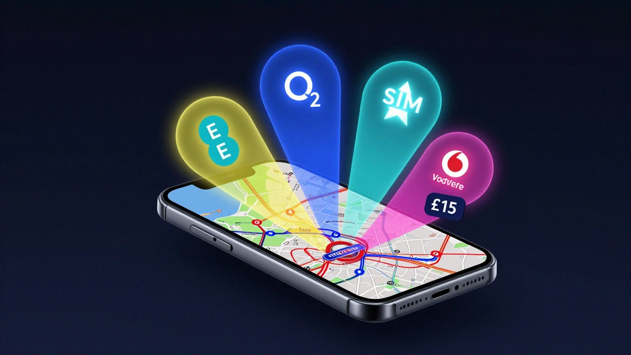 Smartphone with network coverage zones over London map, eSIM icons glowing