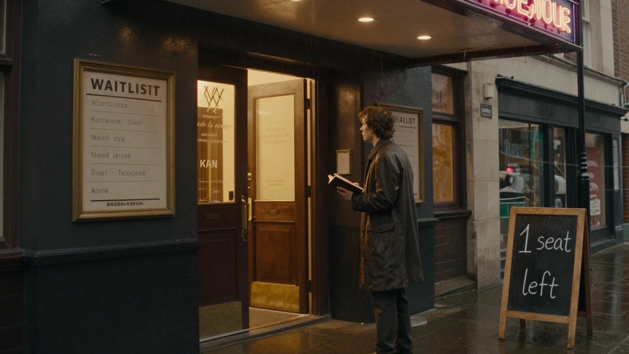 Someone waits in line for a last-minute theater ticket outside the Donmar Warehouse on a rainy evening.