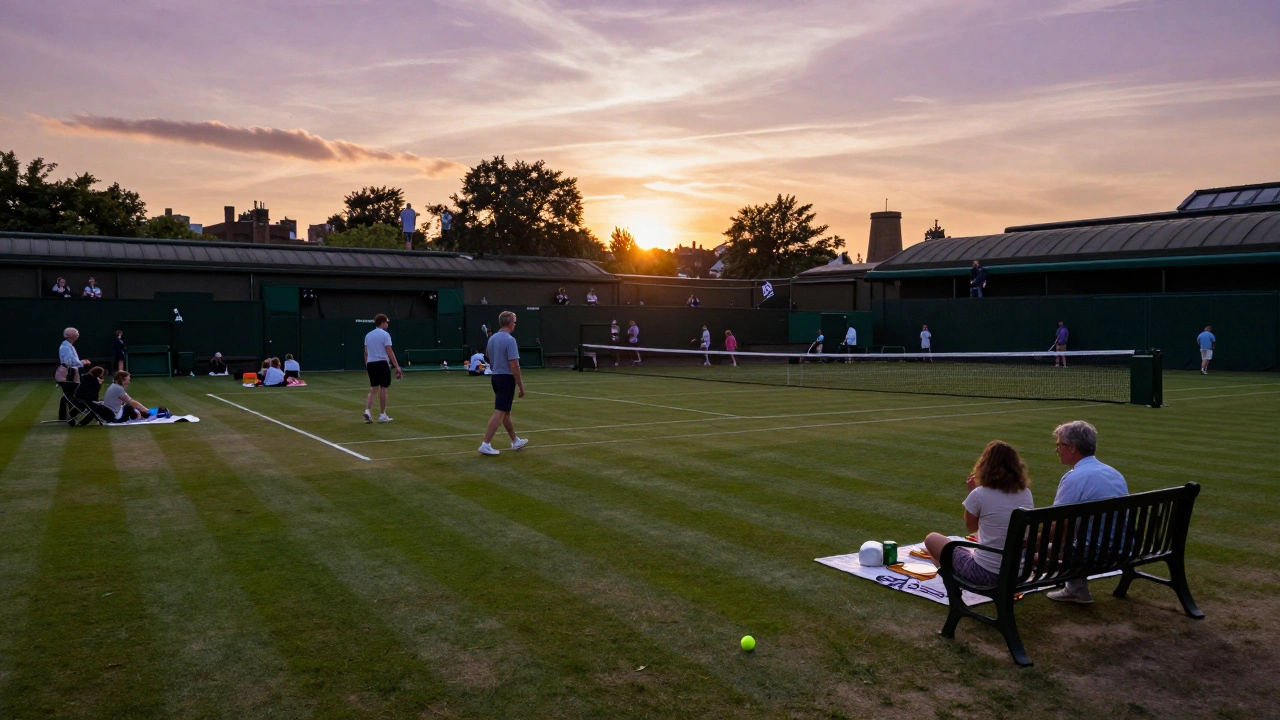 Sunset over Wimbledon grounds with visitors relaxing on outer courts.