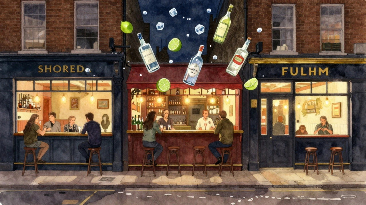 Three hidden London bars connected by floating drink elements in a dreamy, watercolor-style scene.
