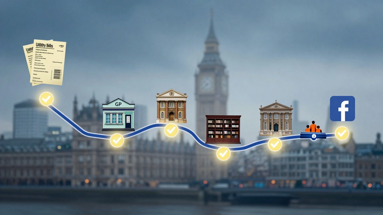 Timeline of first 30 days in London as a path through landmarks with glowing checkmarks.