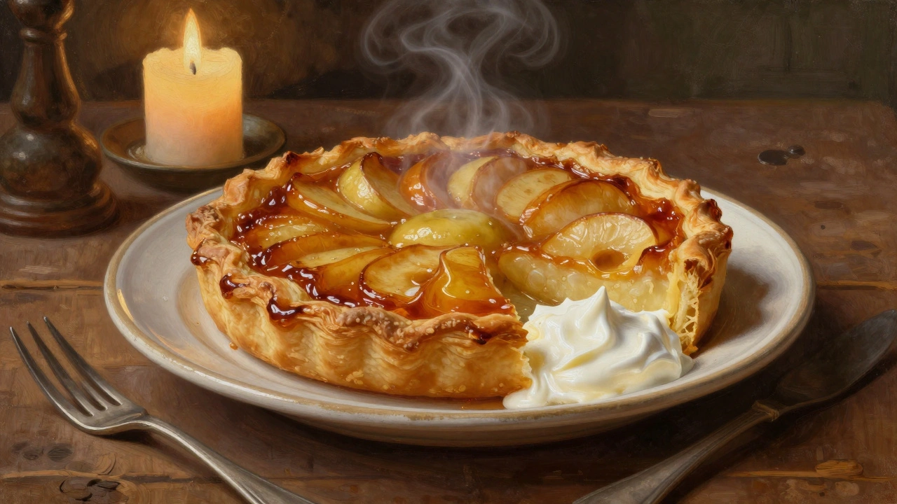 Warm apple tarte tatin with caramelized fruit and crème fraîche on a ceramic plate.