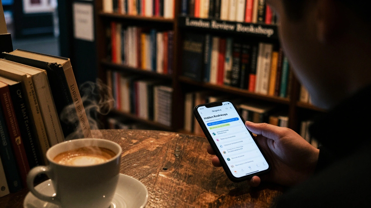 A customer in a London bookshop with a smartphone showing a curated list of hidden bookshops.