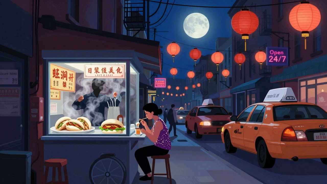 A diner enjoying steamed BBQ pork buns in a neon-lit Chinatown alley at 3 a.m.