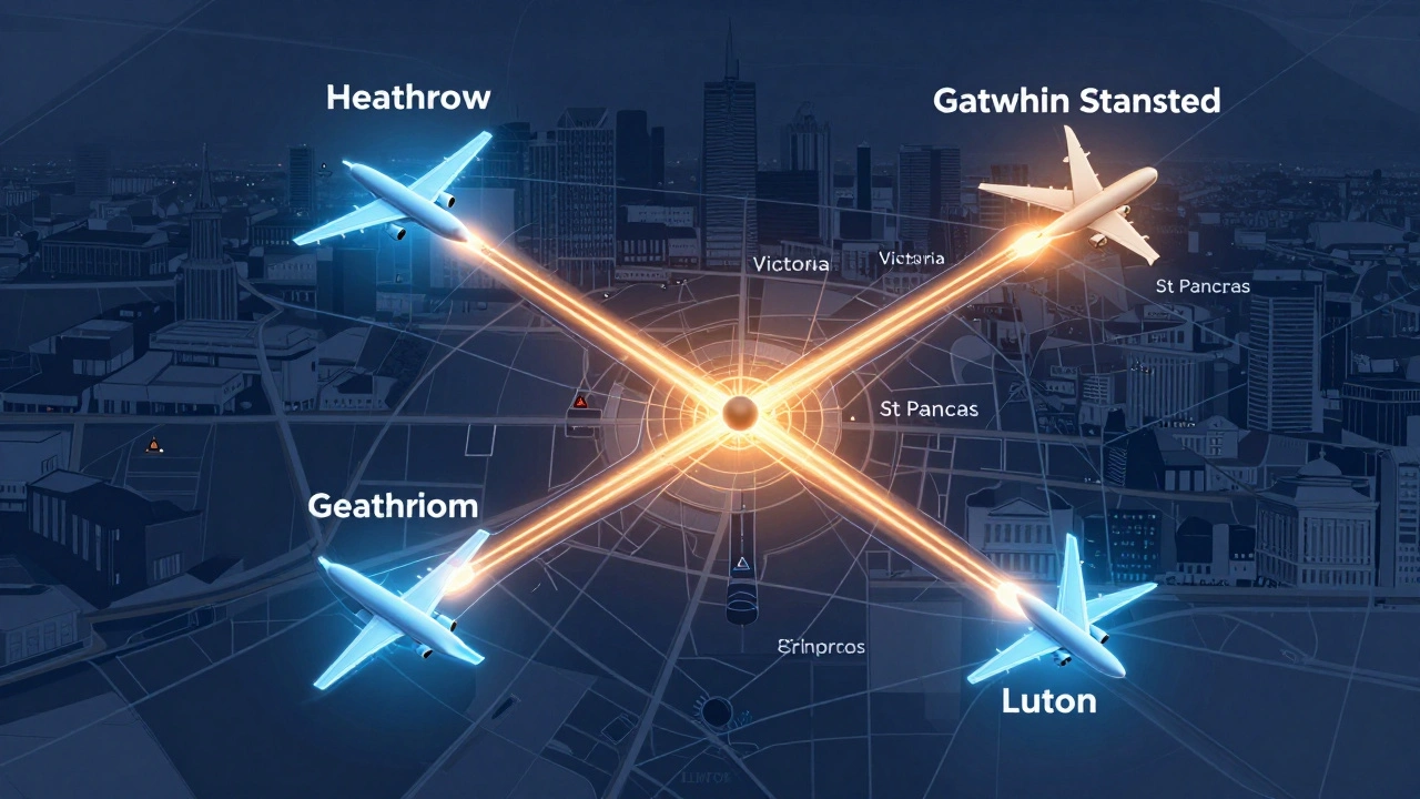 A glowing map showing travel routes from London's four major airports to central destinations.
