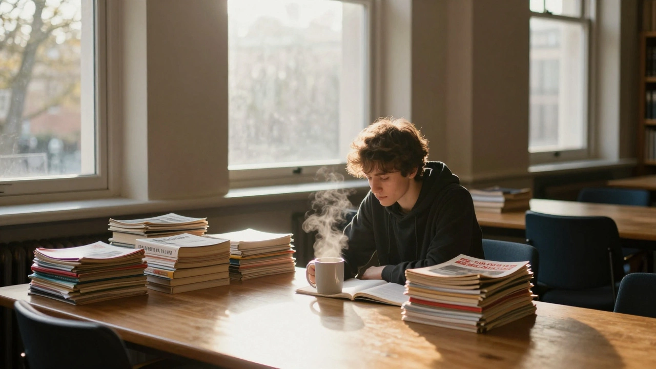 A lone student studying at dawn in the LSE Library surrounded by economic journals.