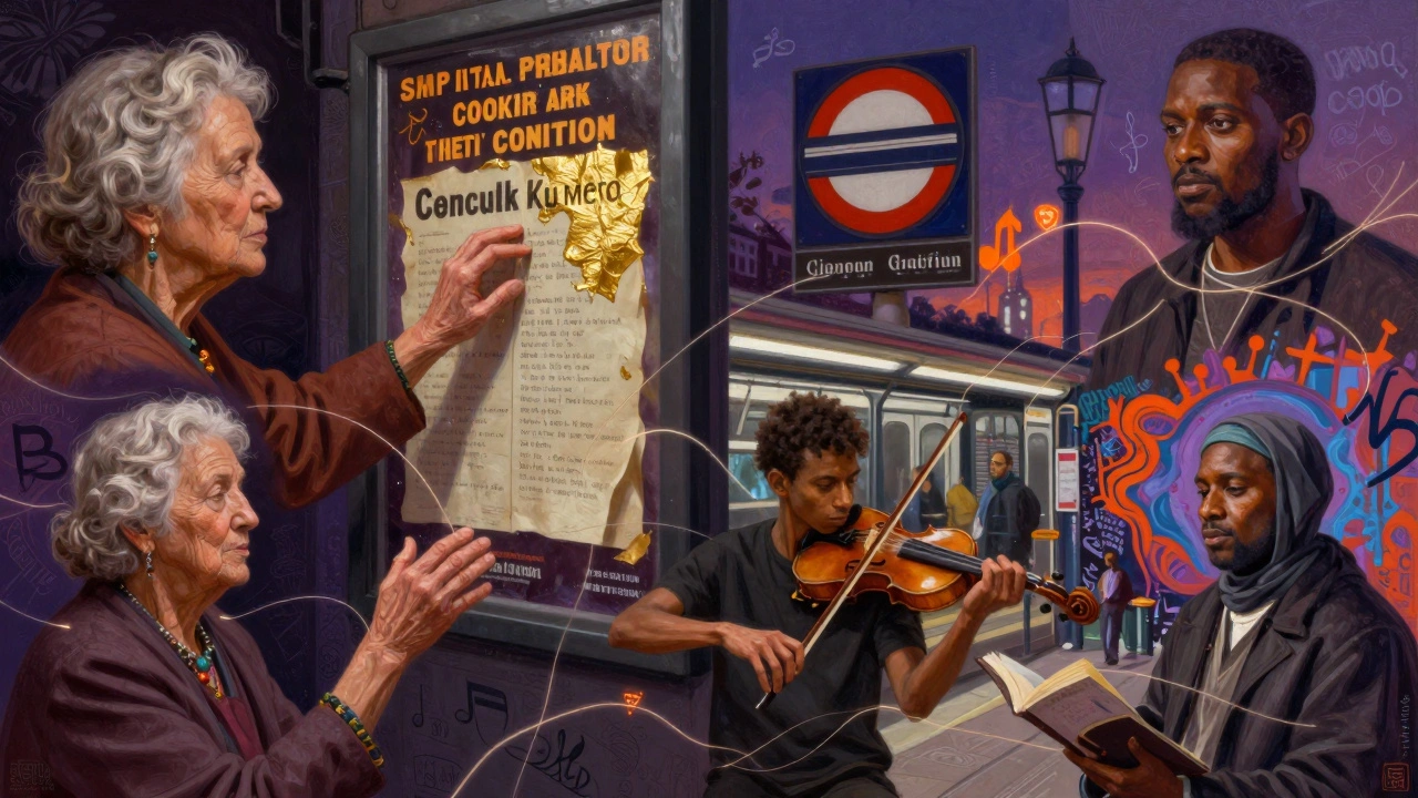 A mosaic of diverse Londoners—an elderly poet, a sign painter, a violinist, and a poet—connected by soundwaves and graffiti.
