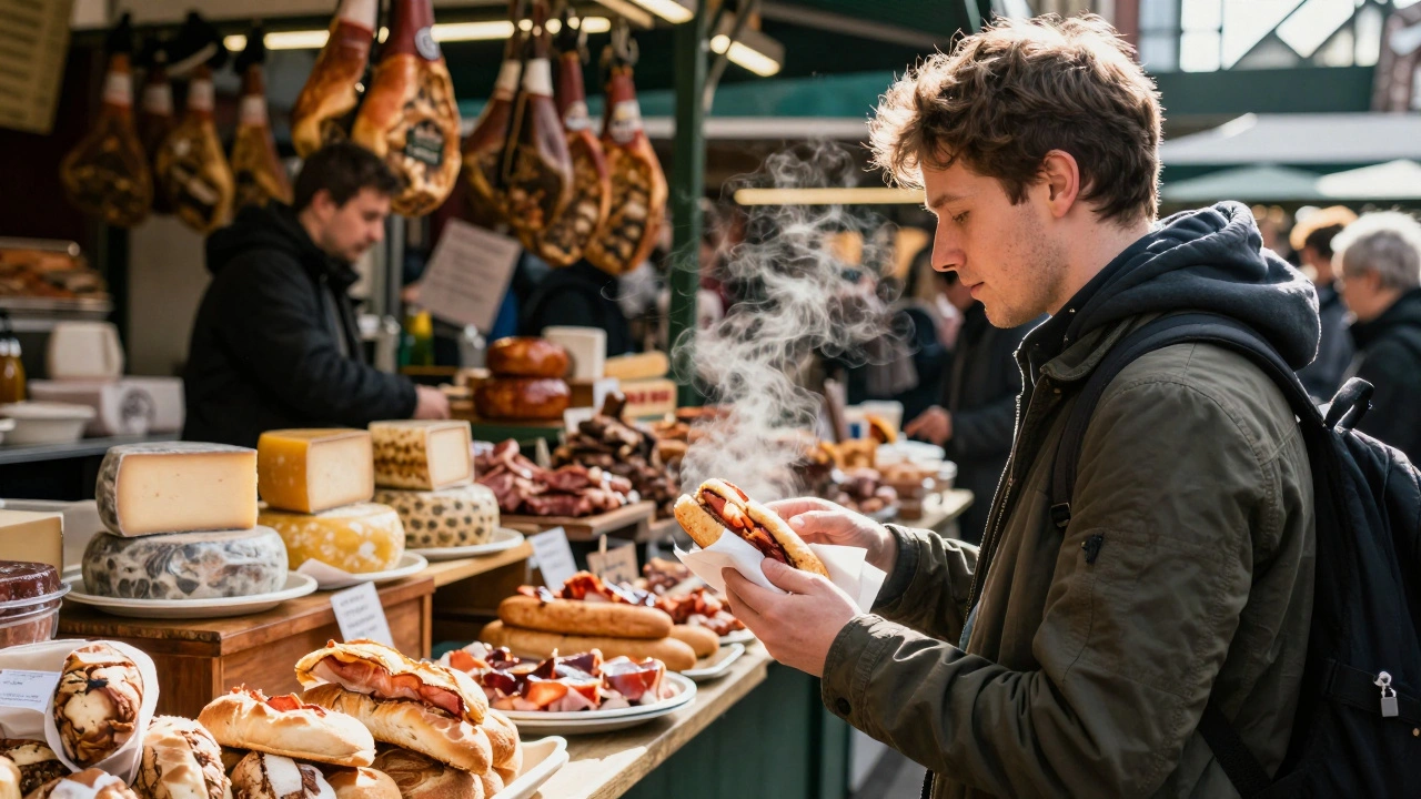 A person eats a bacon butty at Borough Market, surrounded by vibrant food stalls with meats, cheeses, and fresh bread.
