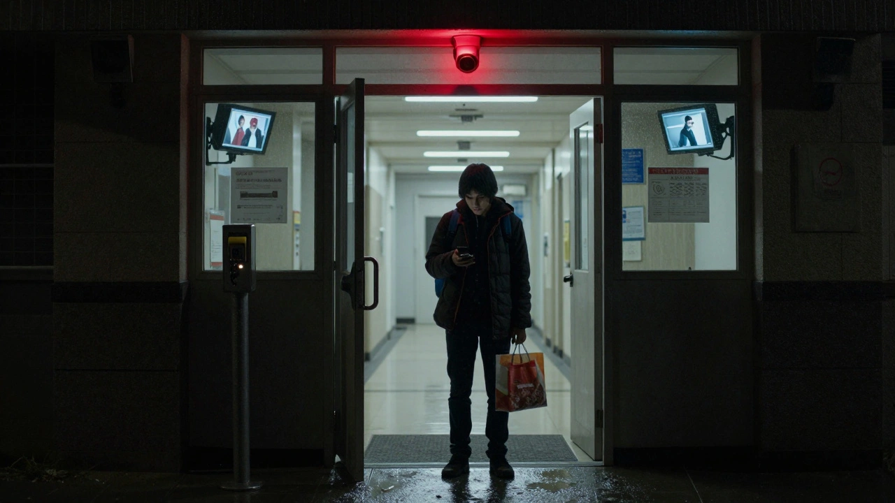 A student at a locked hall entrance at midnight holding food delivery, under a glowing security camera.